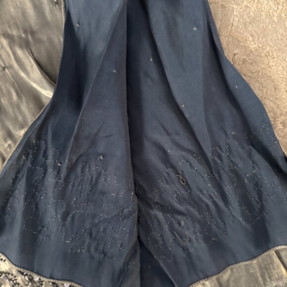 Sue Wong Scarf Dress Metallic Shiny Green Gray Shawl Hand Beaded Large #1 - Picture 3 of 16